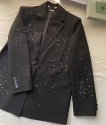 Blazer feminino de diamantes estrelados brilhantes, jaqueta de terno preto diamante quente strass, casaco fashion, outwear outono, 2023