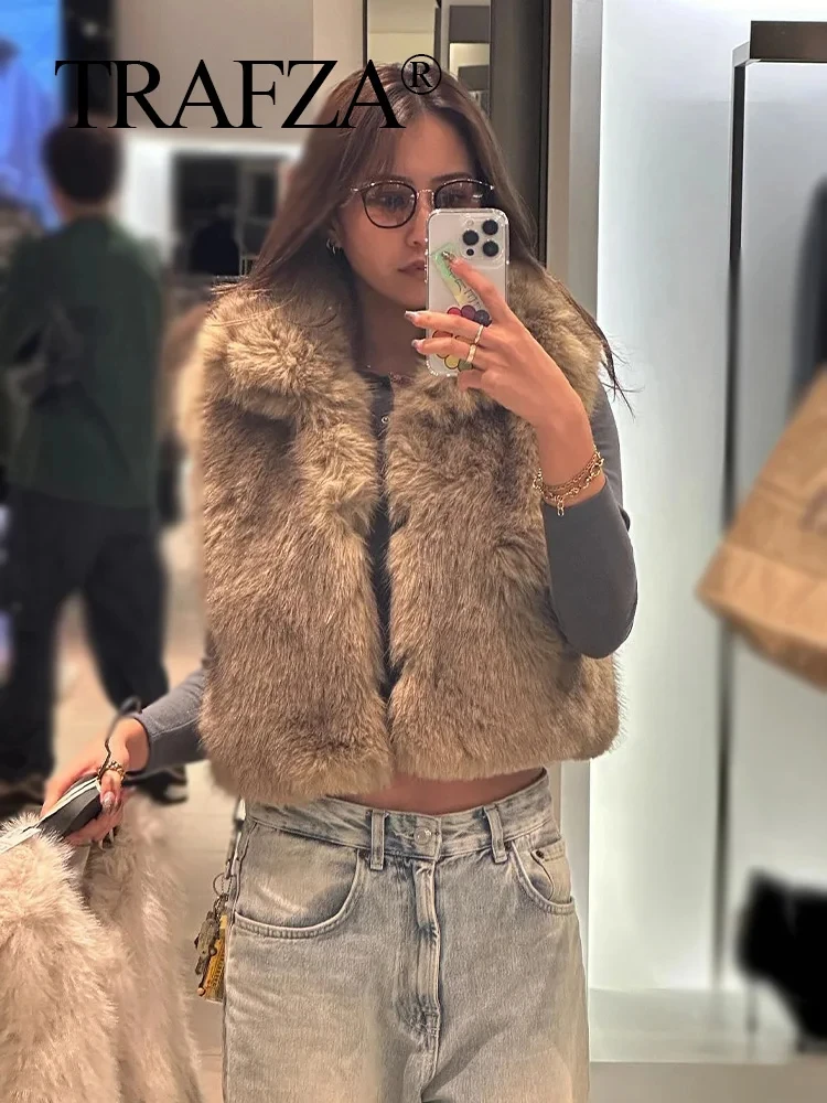 TRAFZA 2024 Winter Artificial Fur Vest For Women Fashion Trend Loose Cropped Tank Tops Woman Chic Elegant Female Waistcoat Top