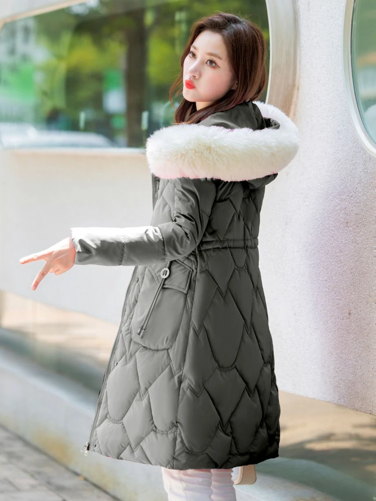 2023 Fashionable Women\'s Very Keep Warm Winter Drawstring Coat Lady Mid-Length Thickening Hooded Large Fur Collar Cotton Outwear