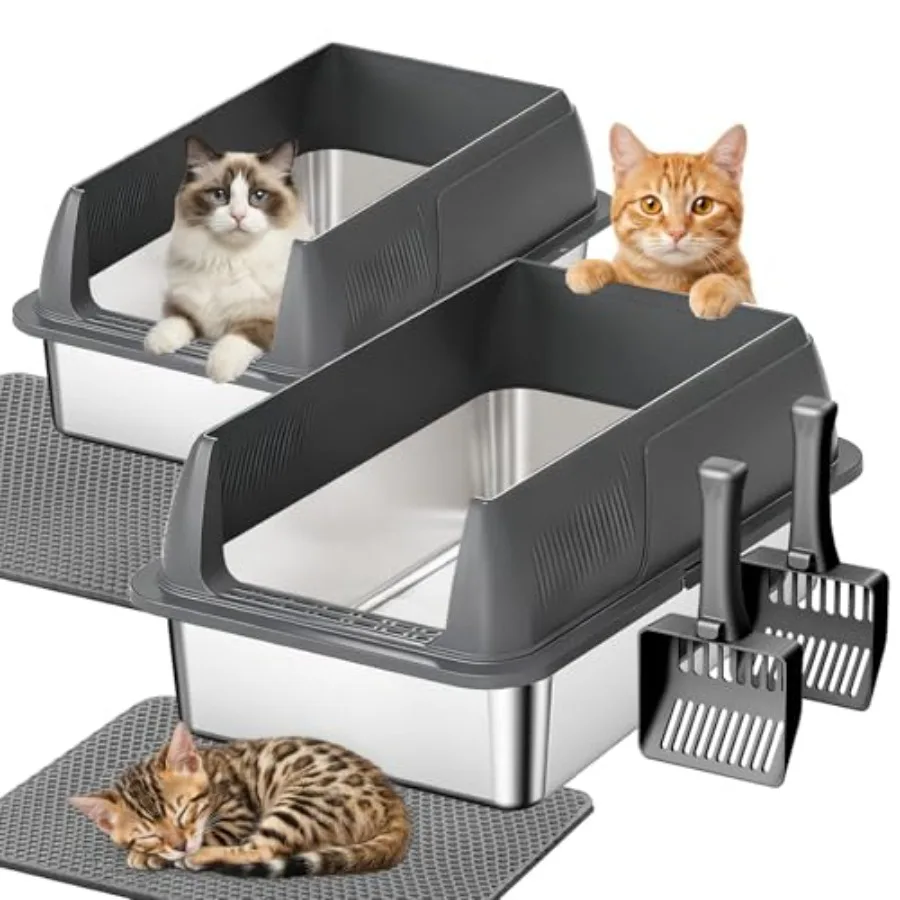 2 Pack XL Stainless Steel Cat Litter Box for Big Senior Cats, Multi-Cat Metal Litter Pan with High Sides, Odor-Resistant Easy C