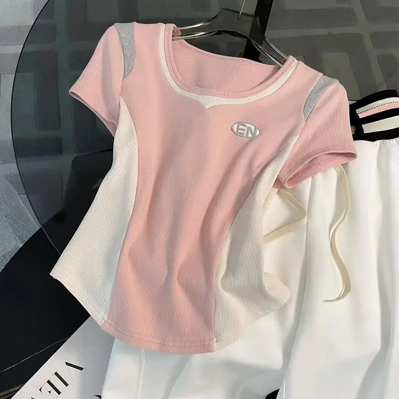 Two Piece Short Sleeve Trousers Fabric Cropped Top Pink Stitching Sleeves Back Sweet T-Shirts Y2K Sportswear 2023