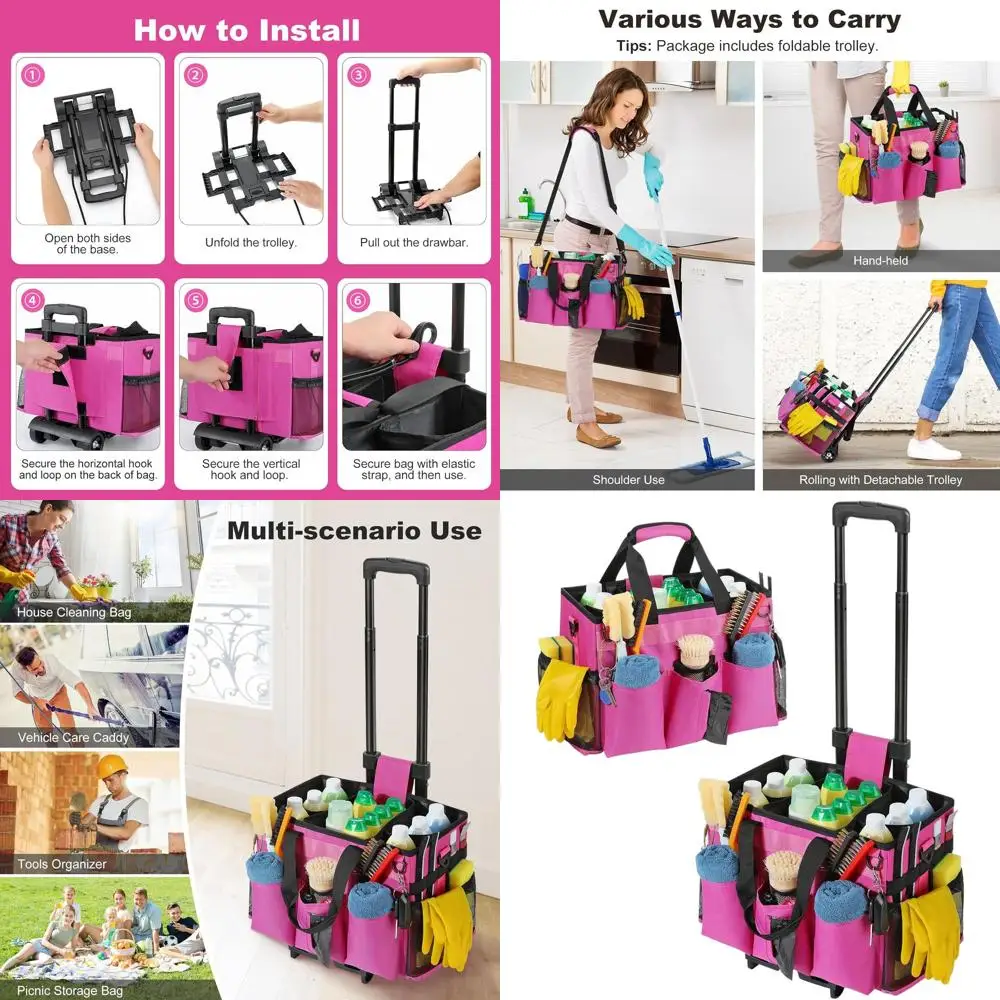 

Portable Rolling Cleaning Bag with Detachable Trolley, Large Housekeeping Supply Bag on Wheels, Wearable Organizer in Rose Red