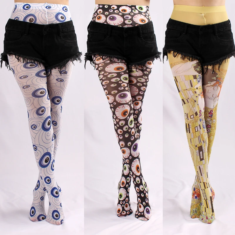 

Graffiti Printed Tights For Women Evil Eyes Seamless Pantyhose Female Retro Stretch Long Socks High Waist Stockings Halloween