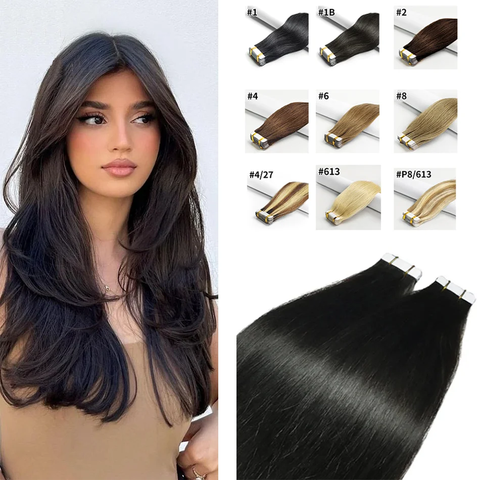 Ruban Adhésif Invisible pour Extensions de Cheveux Humains, Vrais Cheveux Lisses, Sans Couture, Noir, Marron, Blond, 20 Pièces, 16-26 Pouces, pour Salon