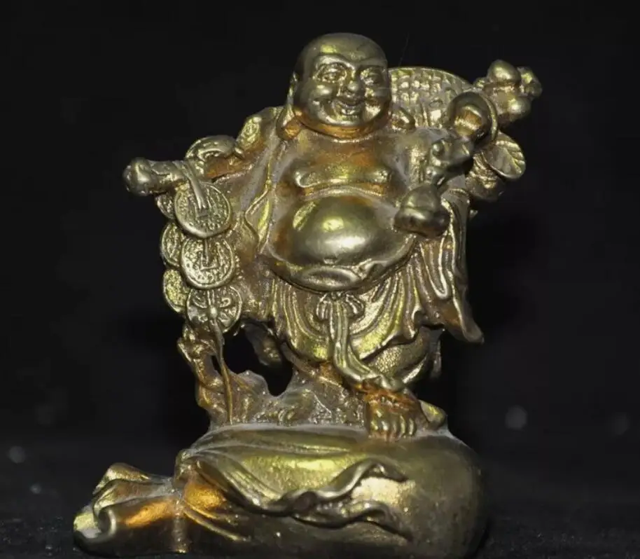 3.2'' Chinese Buddhism Temple Brass Wealth Happy smile Maitreya Buddha statue