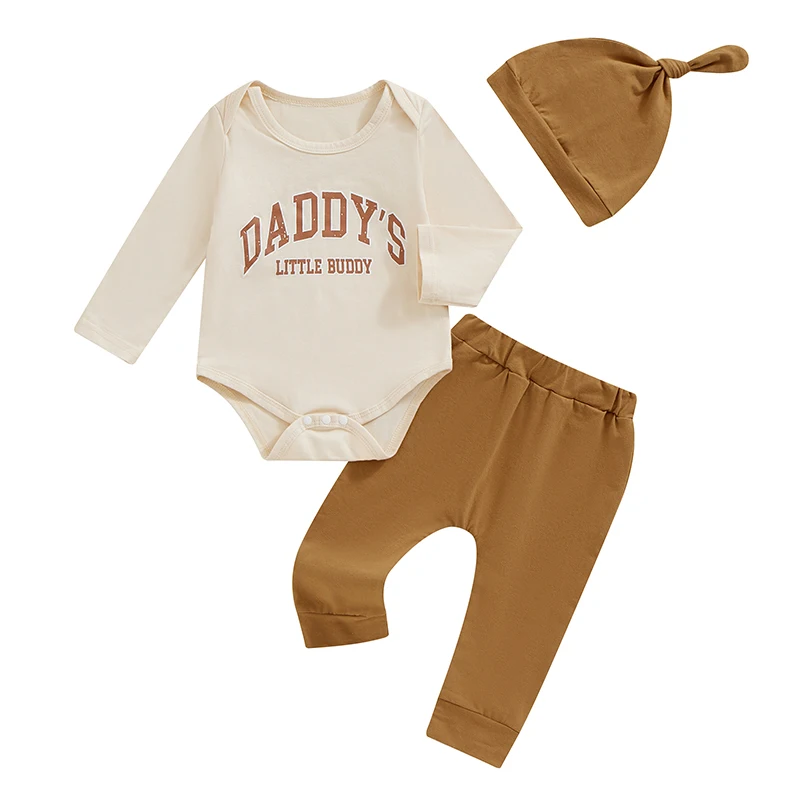 

Baby Boys Fall Outfits Letter Print Crew Neck Long Sleeve Rompers Long Pants Hat 3Pcs Clothes Set