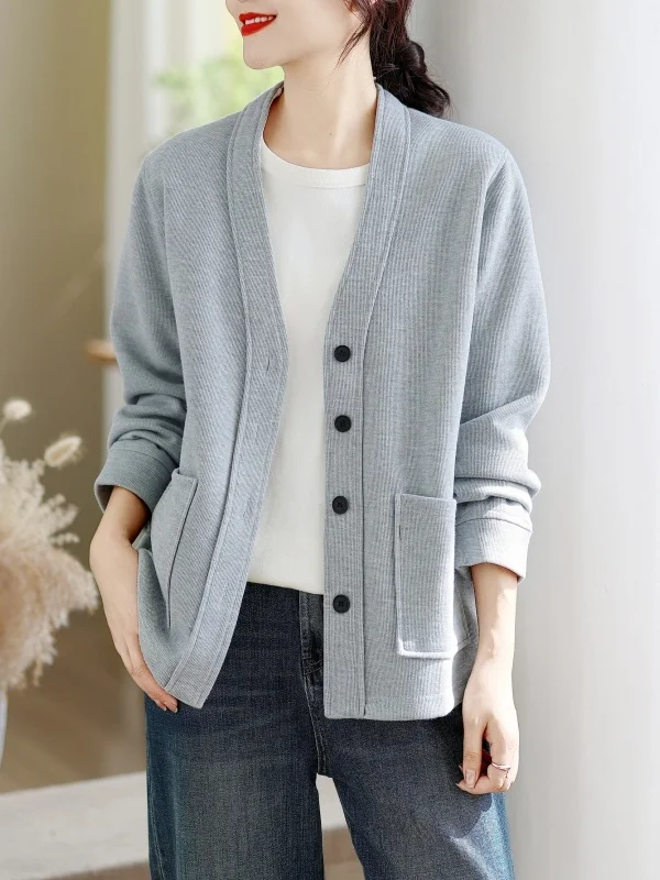Elegant Cotton Knitted V-Neck Sweatshirt Cardigan Casual Loose Long Sleeve Women's Spring Autumn Outerwear Versatile Comfortable
