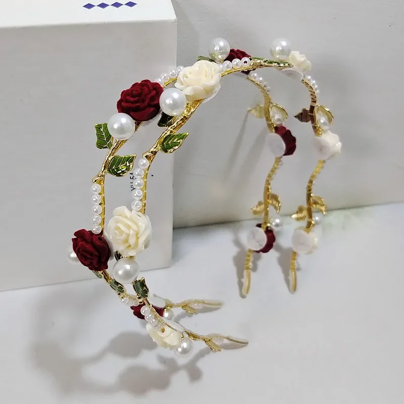 Diadema de perlas rosas Retro de gama alta tocado con horquillas señoras elegante diadema de vid rosa accesorios para el cabello para niñas