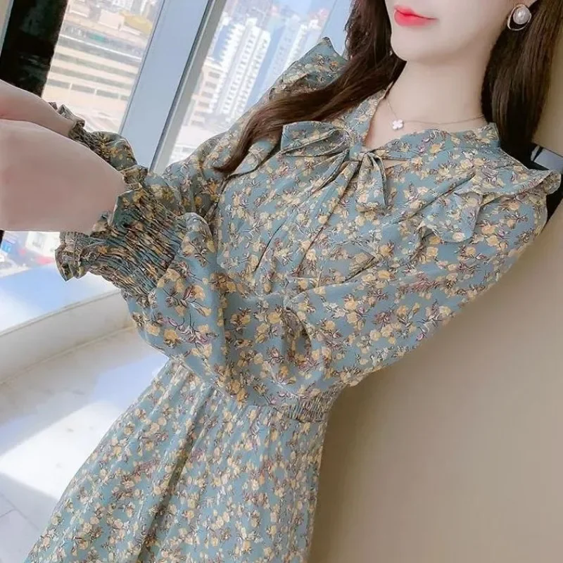 Chiffon Korean Style Female Dress Bow Women\'s Long Sleeve Dresses Clothing Elastic Aesthetic New Features of 2025 Fashion Cotton
