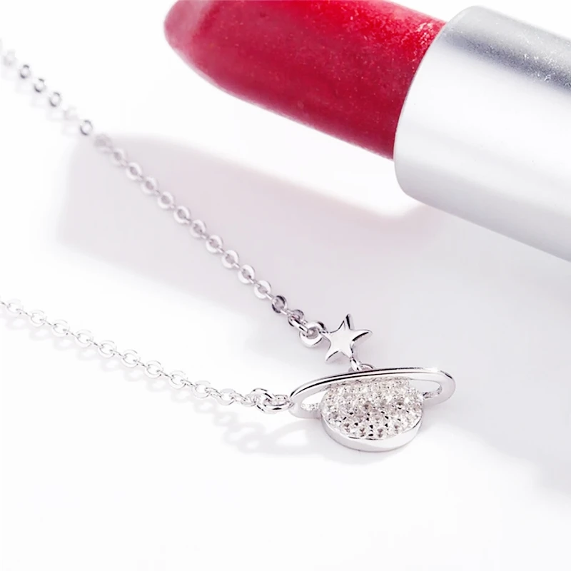 Rhinestone Planet Stars Delicate 925 Sterling Silver Clavicle Chain Female Necklace For Women Birthday Gift NE524