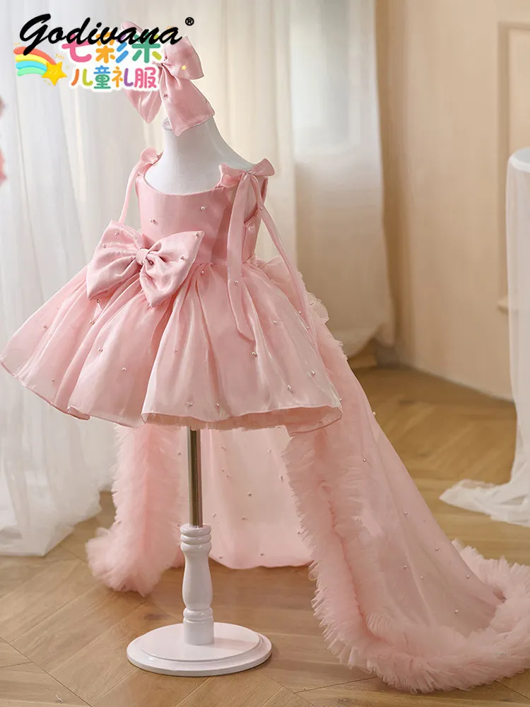 Sweet Baby Girls High End Heavy Birthday Party Princess Dress Kids Summer New Bow Mesh Train Pearl Evening Performance Ball Gown