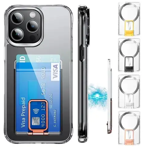투명 자기 핸드폰 지갑 홀더 카드 케이스 슬롯 전화 킥 스탠드 포켓 가방 Apple Magsafe for iPhone 15 14 13 12