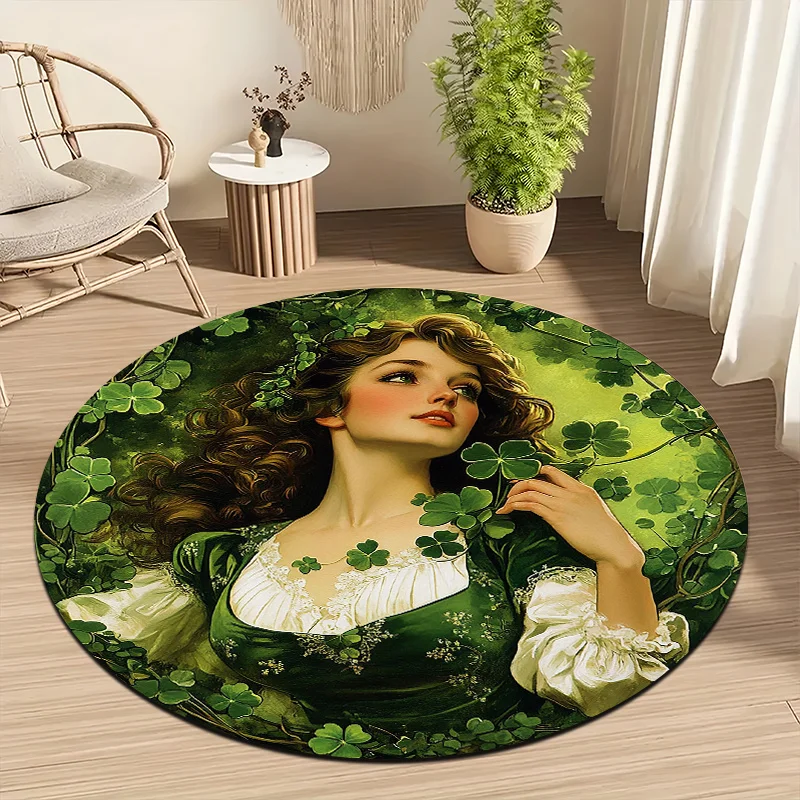Lady of the Four-Leaf Clover Flannel-printed round floor mats are slip-resistant Suitable for living room terrace garden carpets