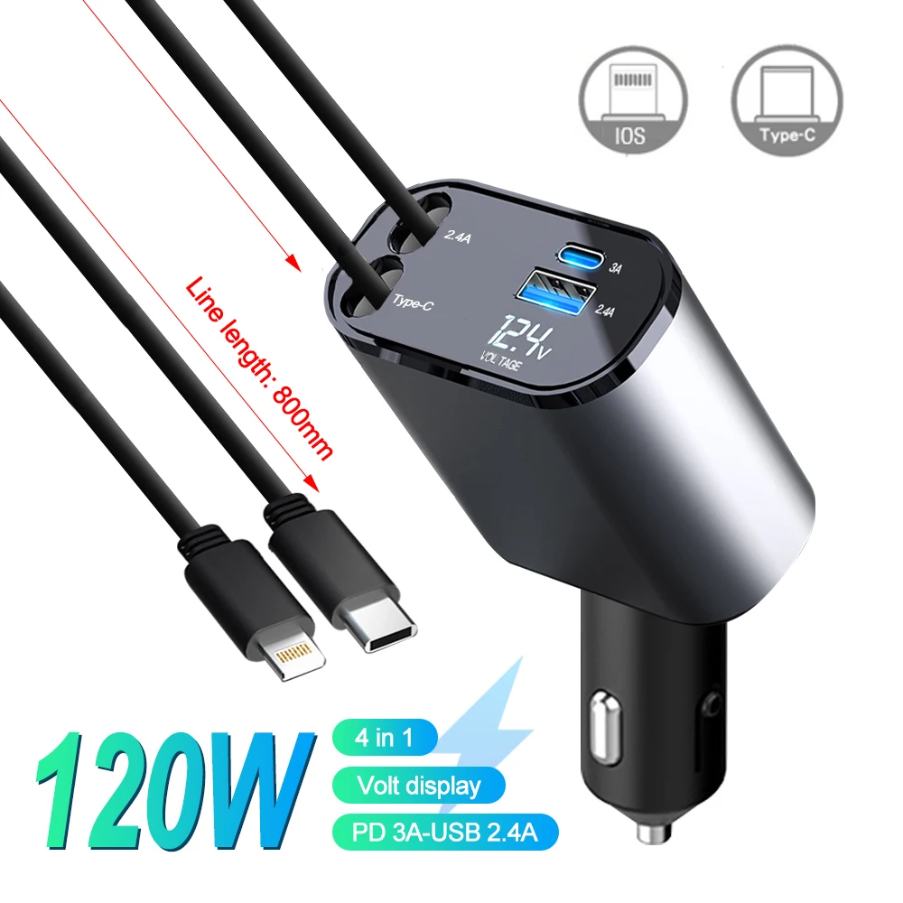 

Car Fast Charger PD+USB Type C with 2 Retractable Cables Car Phone Charger Voltmeter 4 in 1 Power Adapter for IPhone Xiao mi