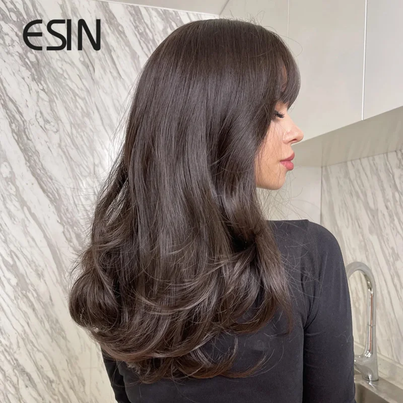 ESIN Synthetic Brown with Bangs Medium Length Curly Wigs for Women Natural Looking Wigs for Daily Use Pelucas De Cabello natural