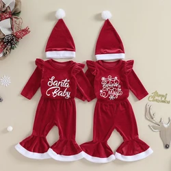 Infant Baby Girl Christmas Jumpsuit Outfits Long Sleeve Letter Print Romper + Flare Pants + Hat Santa Claus Costume 3-24Months