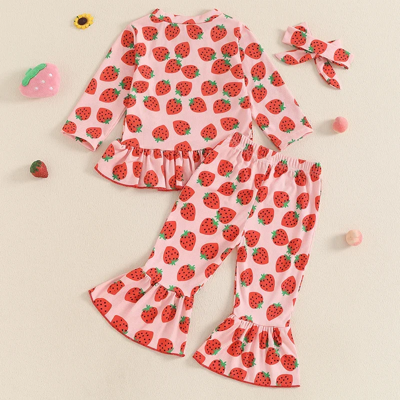 Tregren Baby Girls 3 Piece Clothing Strawberry Print Long Sleeve Shirt and Flared Pants Headband Set Fall Kid Girl Clothes