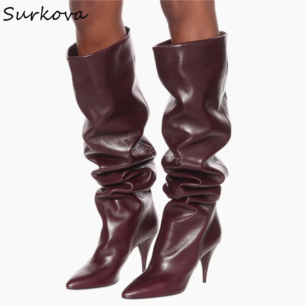 

Burgundy Leather Pleated Over-the-knee Boots Women Pointed Toe Stiletto Heel Slip On Sewing Long Boots 2025 Flannel Long Boots