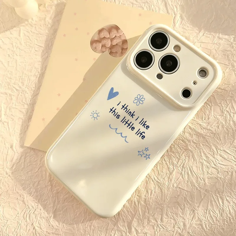 Korean Blue Doodle Heart Star Sun Ditsy Phone Case For iPhone 16 14 Pro Max 17 15 13 12 Pro Max 11 Shockproof Lens Cover Cases