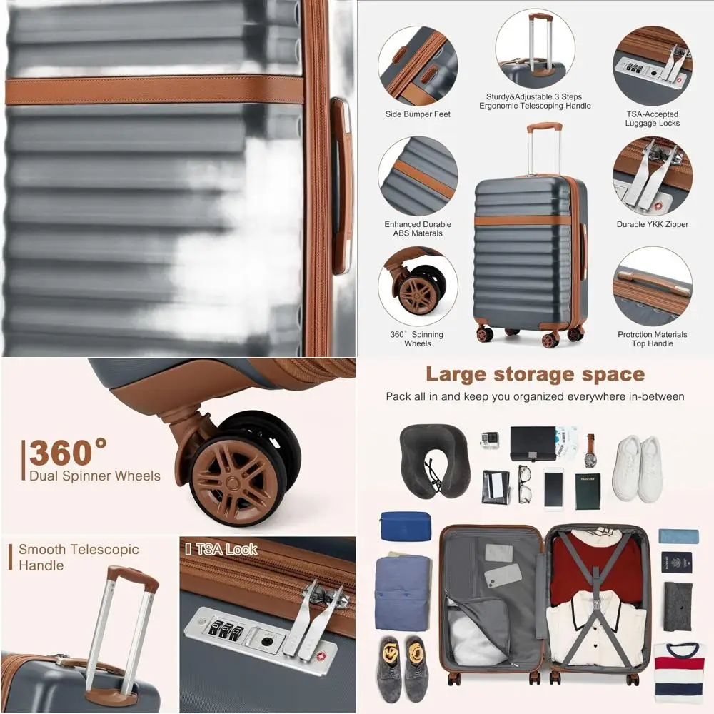 

28 Большой расширяемый чемодан с твердой поверхностью и замком TSA — серо-коричневый дорожный чемодан на колесиках из АБС-пластика + ПК