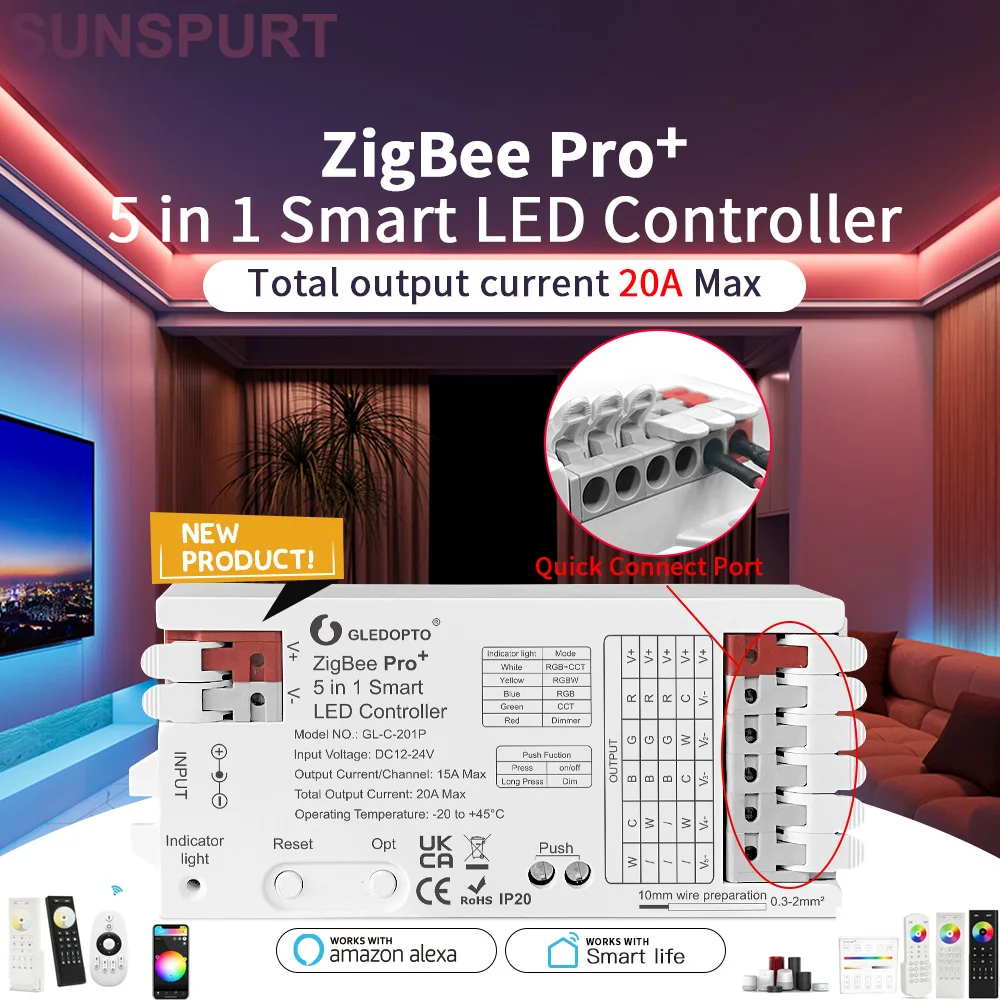 

10P GLEDOPTO LED Strip Light ZigBee 3.0 Pro+ Controller 5-in-1 RGB CCT RGBW RGBCCT Dimer Alexa Home Tuya Smart APP Voice Control