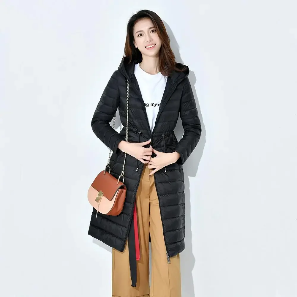 Women Knee Length Ultralight Duck Down Jackets Slim Waist Portable Down Padded Parkas Female Hooded Puffer Outerwear JK-830