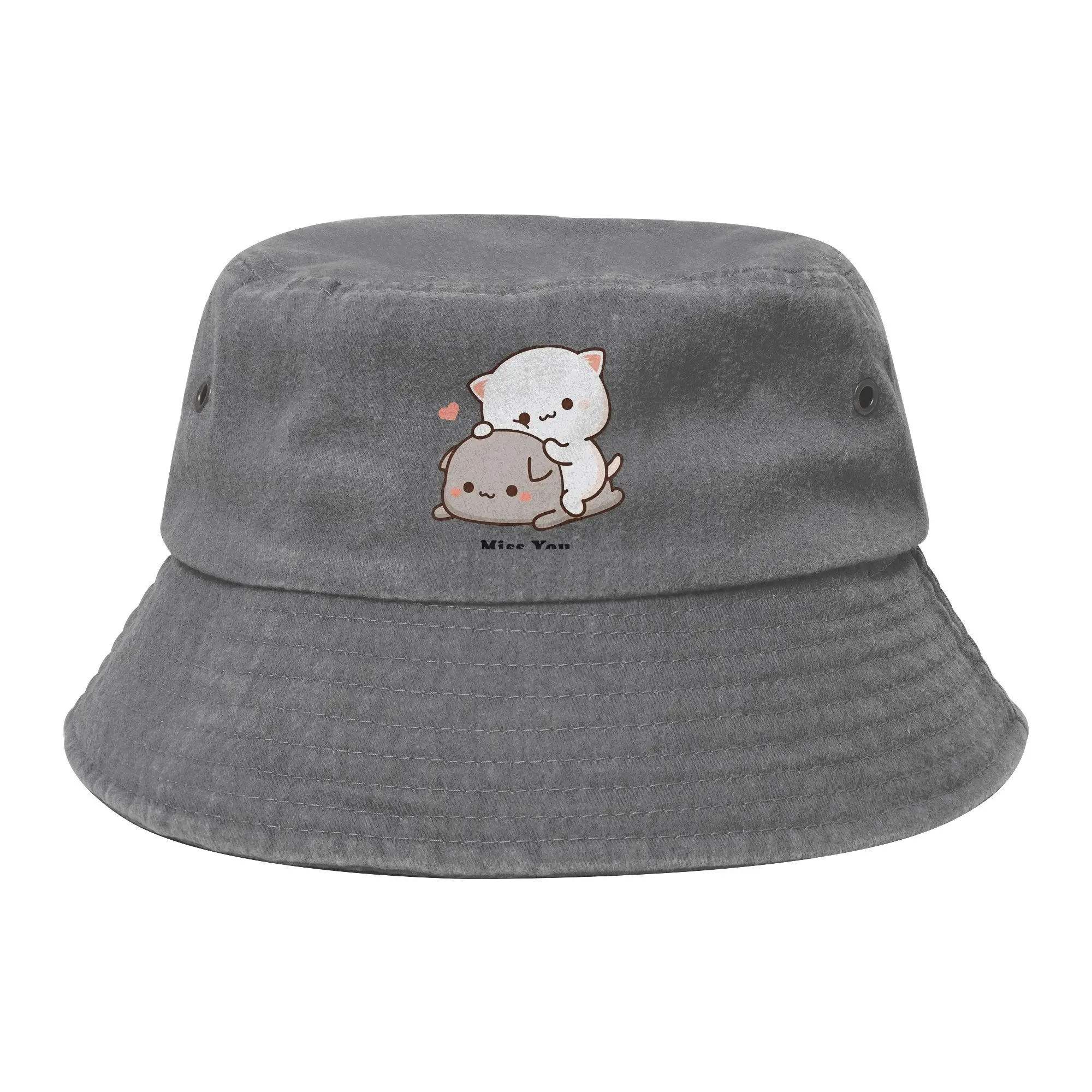 Peach and Goma Mochi Cat Bucket Hat for Men Women Vocation I Miss You Distressed Denim Washed Sun Hat Vacation Fisherman Cap