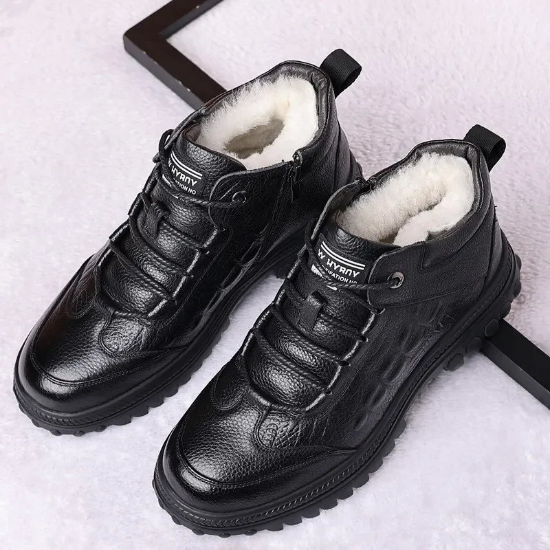 Fashion Men\'s Genuine Leather Crocodile Print Sneakers Casual Shoes Luxury British Leather Shoes Wool Inside Warm Snow Boots