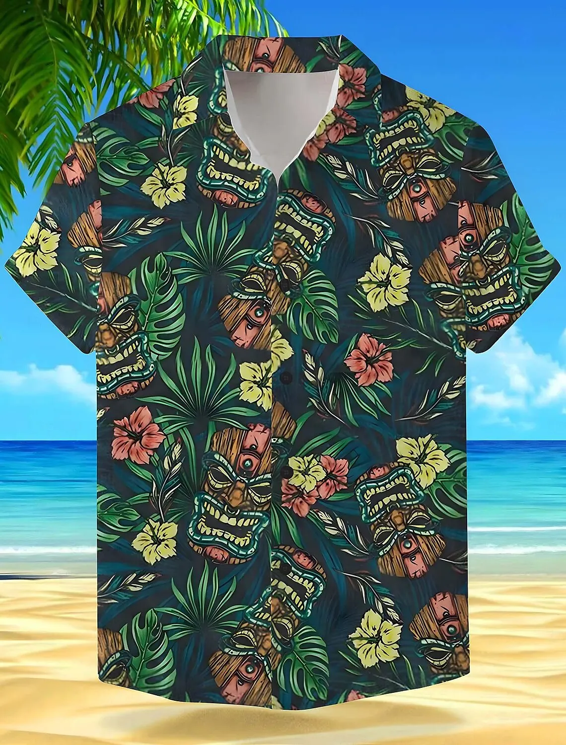 

Floral Tropical Mask Vacation Hawaiian Men's Shirt Outdoor Hawaiian Holiday Summer Turndown Short Sleeve Mint Green Tiki Shirts