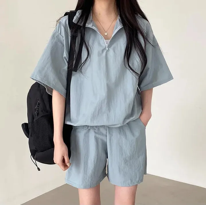 Daily Casual 2 Piece Set Korea Knit Set 2024 Summer Shorts Set Women Polo Neck Short Sleeve Tops Elastic Waist Shorts Tracksuits