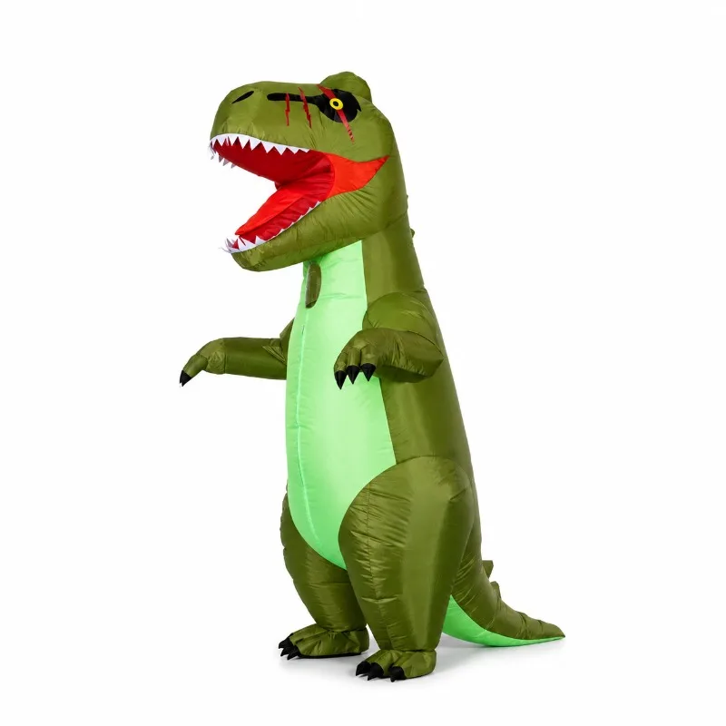 Fantasia de dinossauro T-Rex inflável verde, um traje divertido e original para o Halloween, carnaval, festas de aniversário e eventos de cosplay.