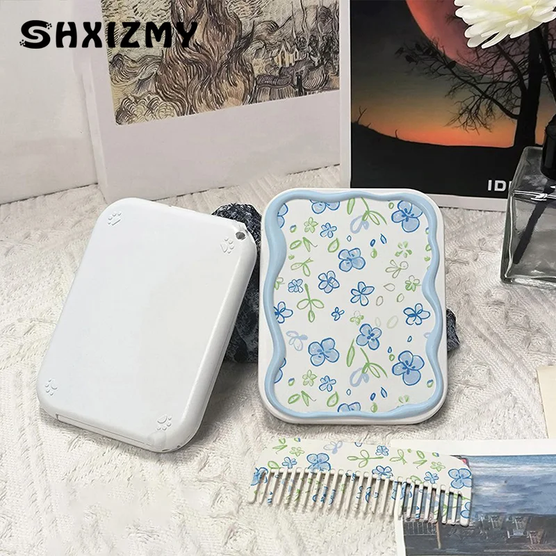 Cartoon Blue Flowers Pattern Flip-Top Folding Makeup Mirror Portable Pocket Mirror Rectangle Cosmetic Mirror With Comb For Women