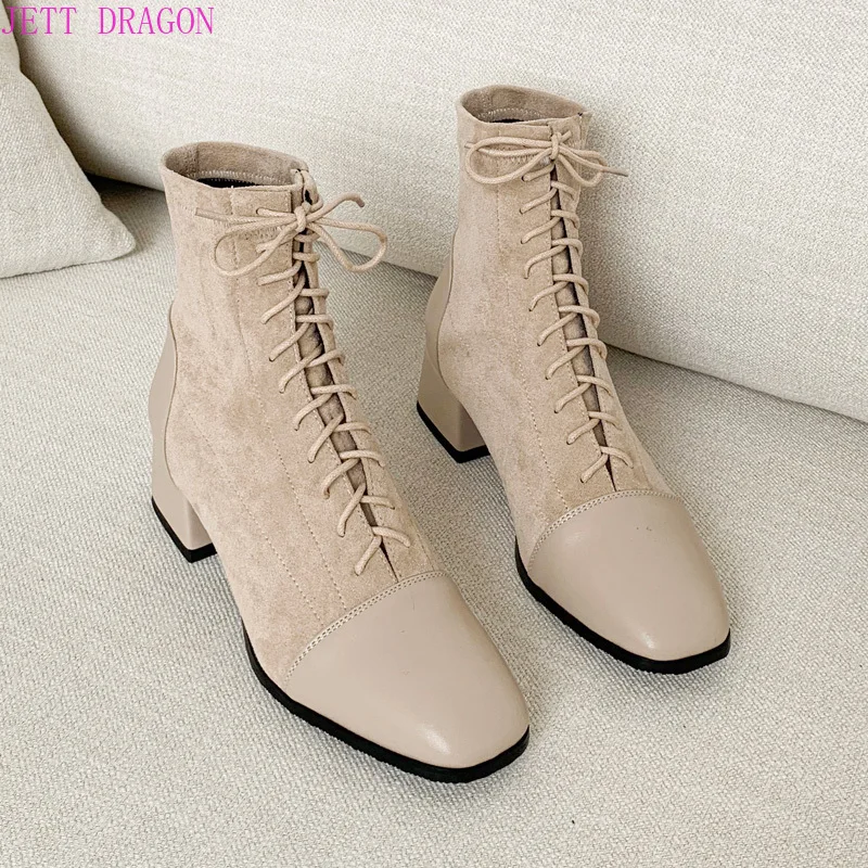 2024 Autumn Winter Women Ankle Boots Shoes Solid Black Beige Lace-up Square Toe Rubber Elegant Fashion Low Heels Women Boots 43