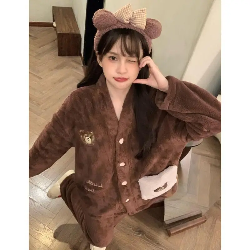 

Women's Pajama Set Winter Girl Nightwear Set Coral Fleece Print Thickened Warm Loungewear Student Home Wear Flannel Sleepwear