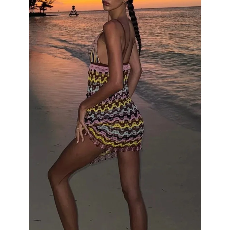 Vestido camisola de punto bohemio para mujer, minivestido Sexy con estampado de ondas y cuello en V profundo, colorido, para vacaciones en la playa, moda 2025