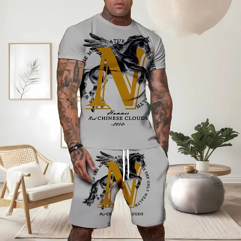 

2025 New Bestselling Trendy Men's T-shirt Short Sleeve Shorts Set Personalized Street Style Summer Casual Fashion Set