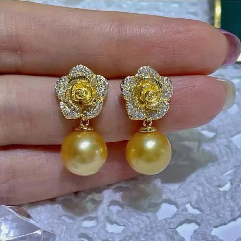 

elegant 9-10mm south sea round gold pearl dangle earring 925s