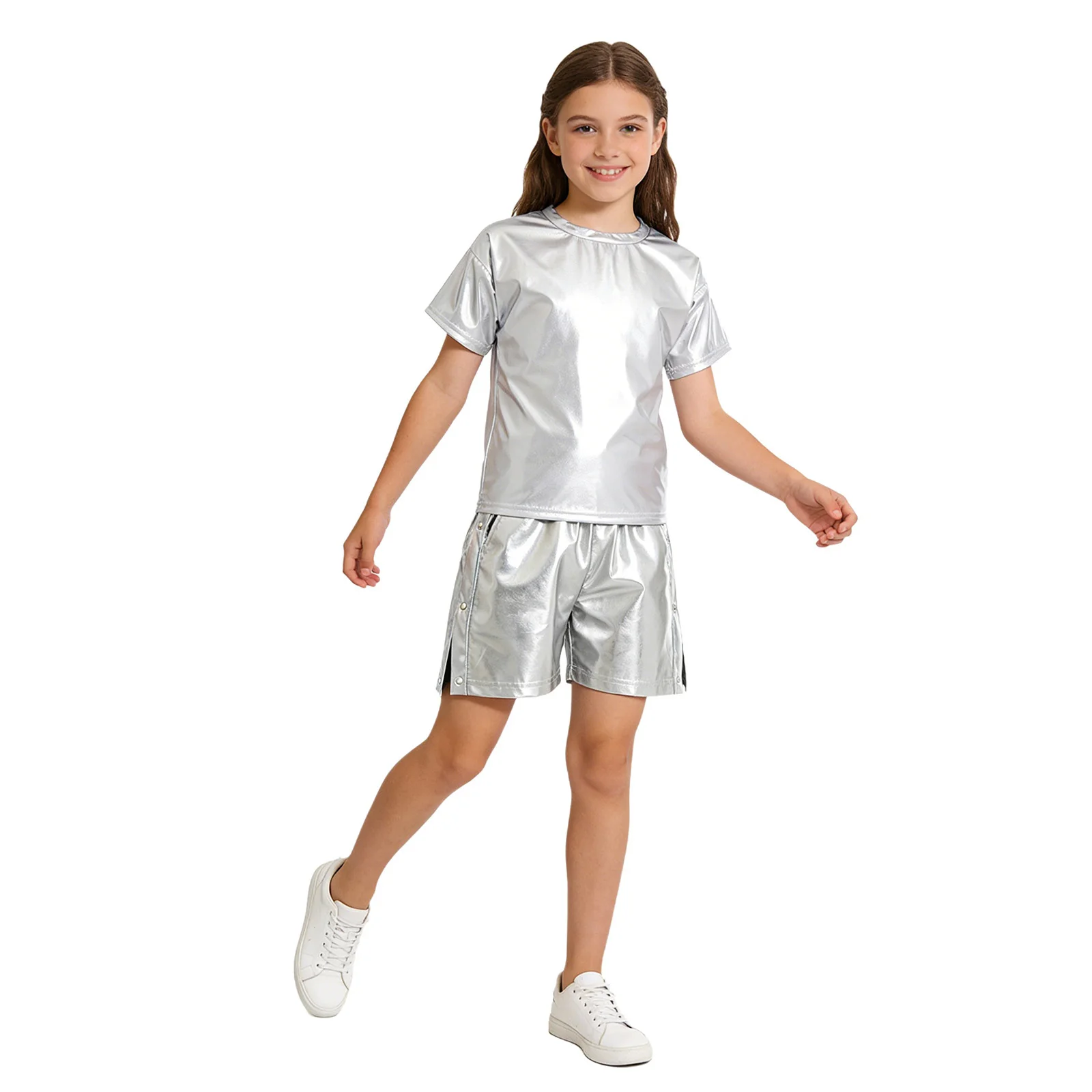 

Kids Girls Boys Hip Hop Dance Party Performance Costume Short Sleeve Metallic T-shirt Top with Shorts Set Jazz Dance Streetwear