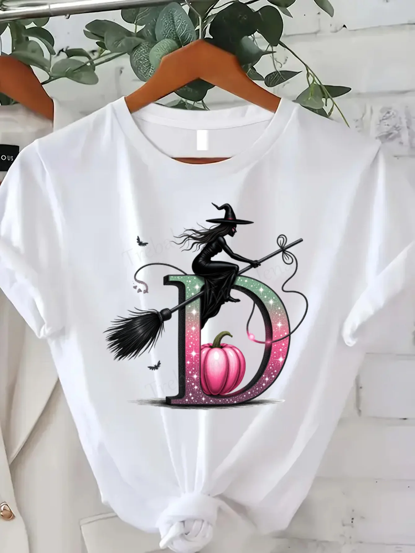 جولة الرقبة تي شيرت هالوين الساحرة تحلق على مكنسة رسالة D اليقطين تي شيرت المرأة حجم كبير قصيرة الأكمام المحملة قمة الموضة عادية