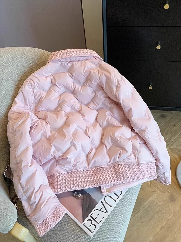 Pink Sweet Anti-Aging Small Fraance Sle  Collar Cotton Jaet ort Faionable Autumn Winter Women's Cotton Coat