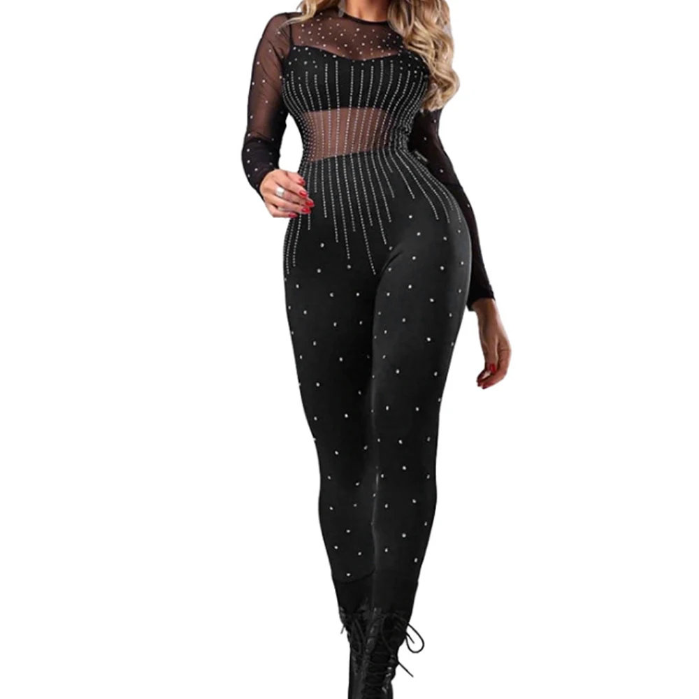 

Round Neck Mesh Spliced Rhinestone Long Sleeve Jumpsuit
