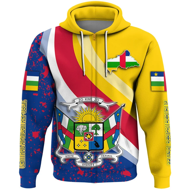 Zentral afrikanische Republik Flagge Muster Reiß verschluss Hoodies Mode National Emblem 3d gedruckt Sweatshirt Herren lässig übergroßen Hoodie