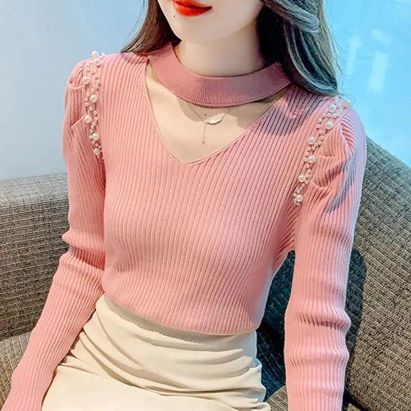 Fashion Spliced Folds Beading Puff Sleeve Blouses Women\'s Clothing 2023 Autumn Loose All-match Tops Knitted Office Lady Shirts