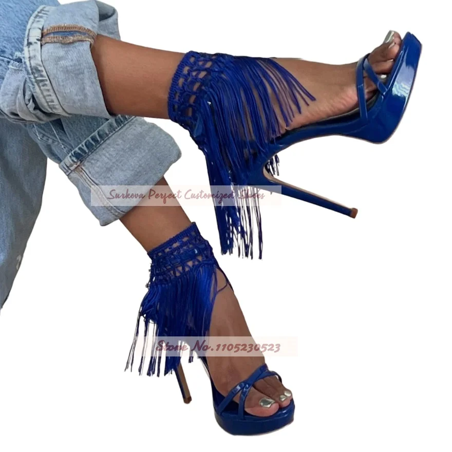 Women Royal Blue Fringe Crochet Ankle Cuff Sandals Thin Strap Platform Tassel Stiletto High Heels Nightclub Footwear
