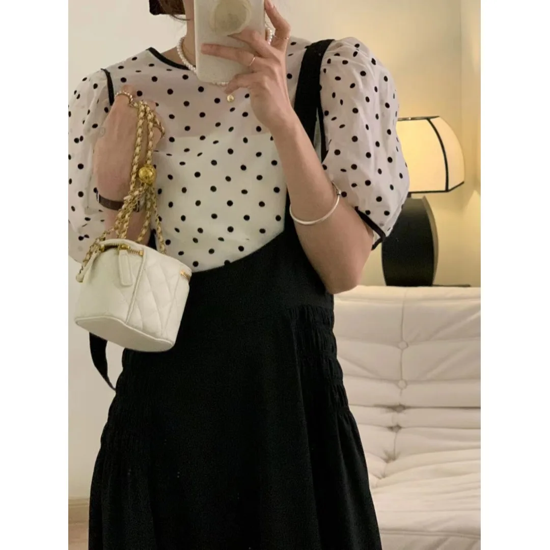 Koreaanse Chic Lente Zomer Polka Dot irt Top vrouwen Faionable Belted Lange Rok Tweedelige Set Ci Pendelen Sle