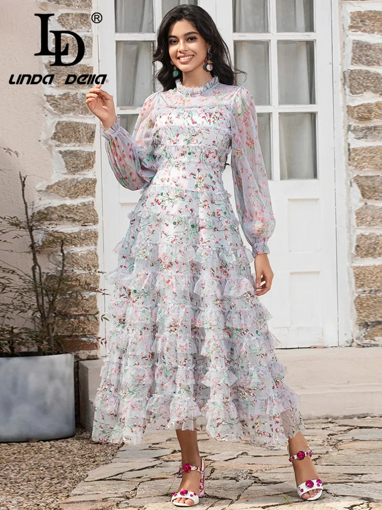 LD LINDA DELLA Designer 2024 New Summer Fashion Mesh Dress Women's Long Sleeve Flowers Holiday Party Long Dress