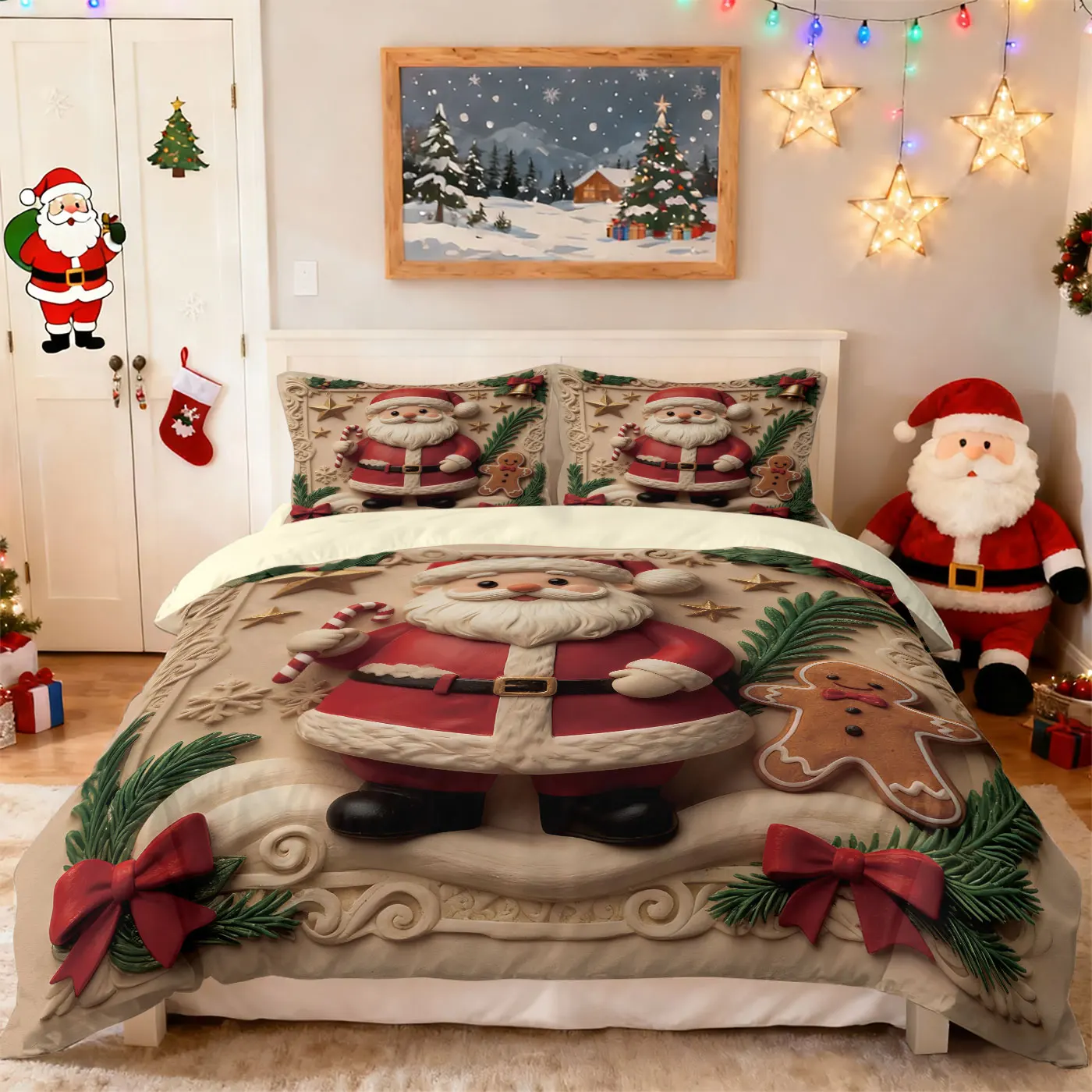 

3pcs imitation relief Santa Claus print coreless duvet set, multi size bedroom bedding, holiday decoration, machine washable
