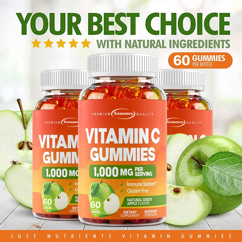 Vitamin C 1000 Mg Gummies - Powerful Immune Support, Skin Collagen Support - Tart Green Apple - 60 Gummies, Adults & Kids