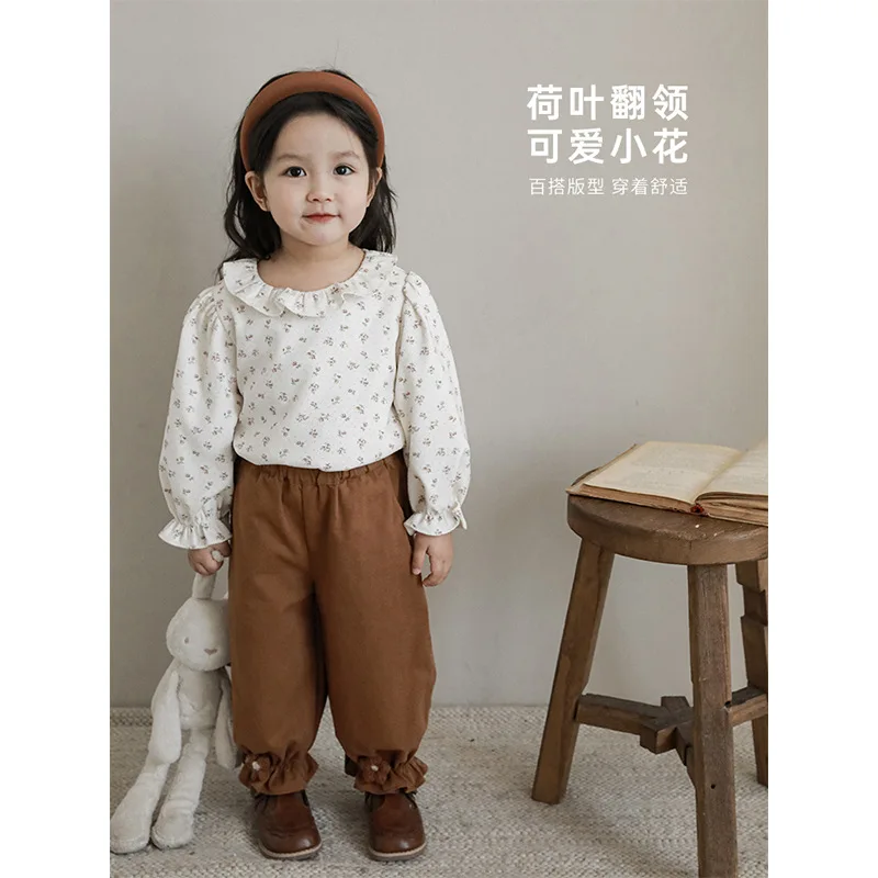 

Girls' Long Sleeved Shirt Flower Bud Pants Set 2023 Spring Autumn New Korean Children's Clothes