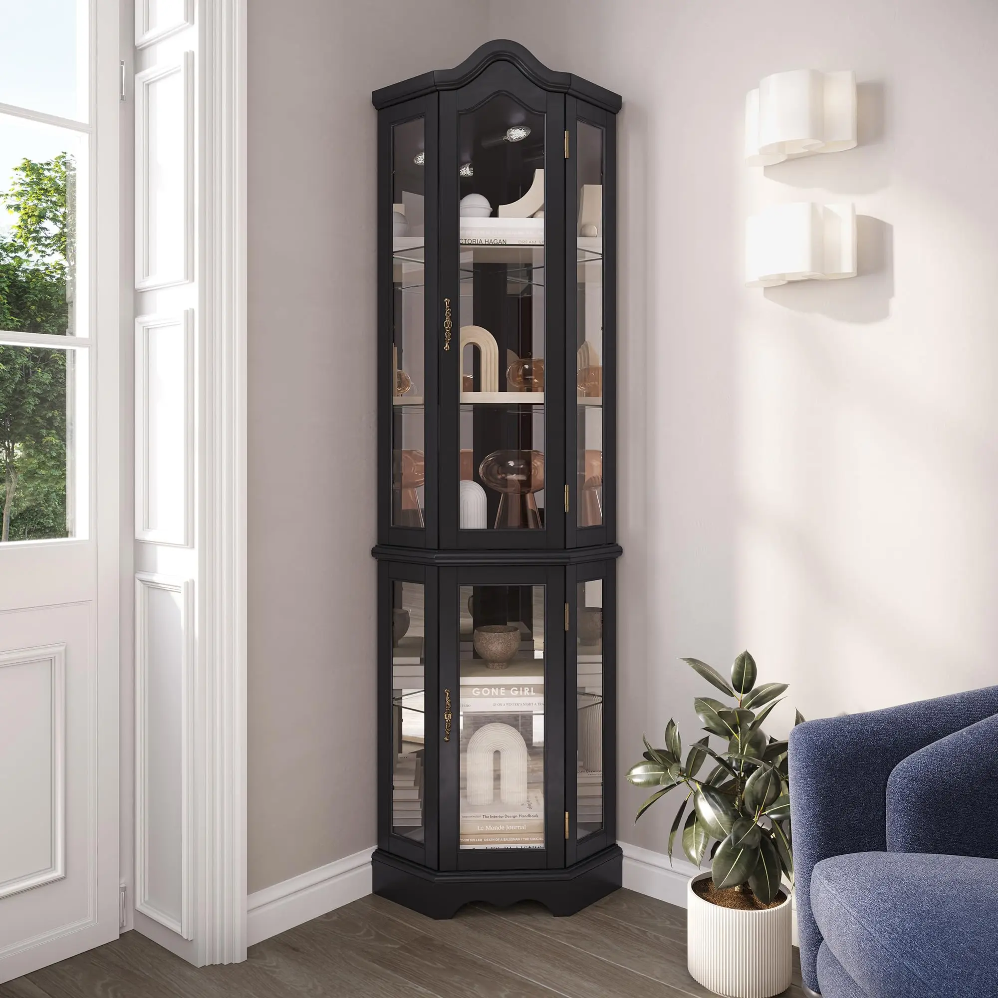 Lighted 3-Side Glass Display Curio Cabinet w/Tempered Glass Doors and Shelves, Curved Wood Corner Cabinet with Bulb